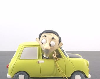 Extremely Rare! Vintage Mr Bean Driving a Green Car Statue Made of