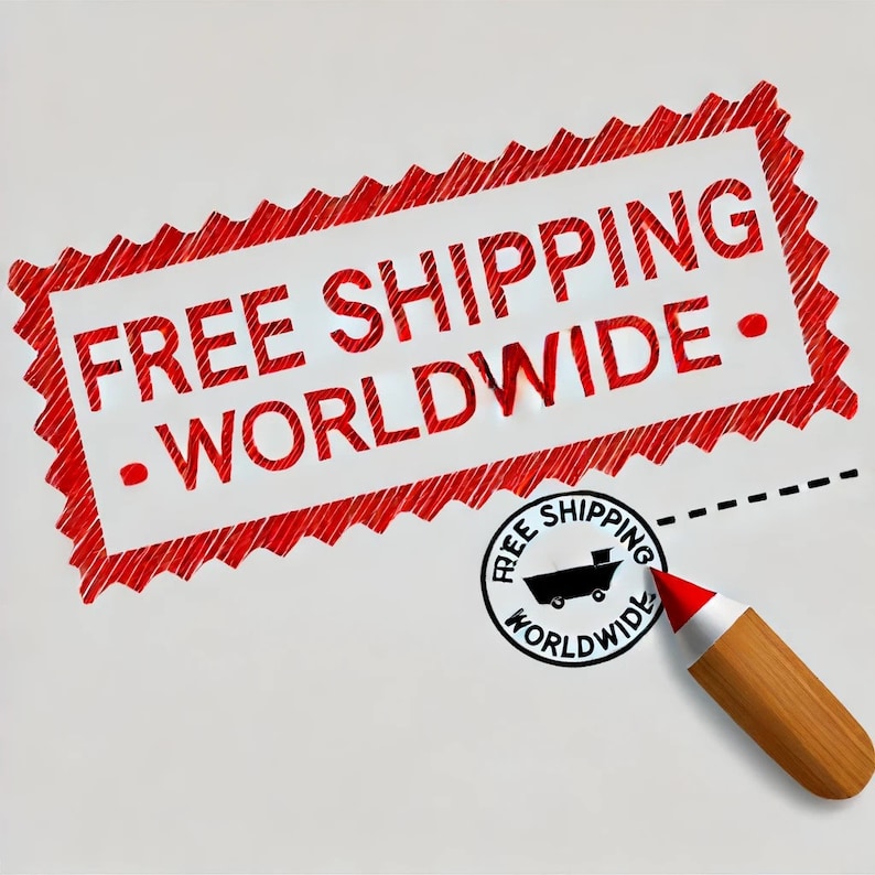 May include: A white background with a red and white rectangular stamp that reads "FREE SHIPPING WORLDWIDE." A small circular stamp with a cart is next to the rectangular stamp. A pencil with a red tip is in the image.