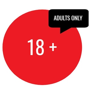 Può includere: Un cerchio rosso con il numero 18 e un segno più in bianco. Una bolla di dialogo nera con il testo "SOLO PER ADULTI" è sopra il cerchio.