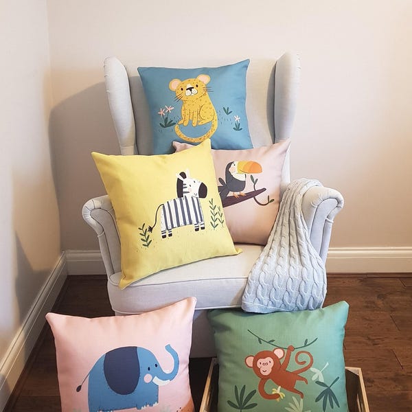 Safari Nursery Cushion – Jungle Animal Cushion Cover, Kids Bedroom Decor Pillow, Baby Shower Gift