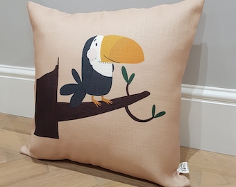 TOUCAN CUSHION COVER, Baby Room Nursery Pillow, Jungle Nursery Decor, Cotton Throw Pillow, Jungle Play Pillow,Decorative Cushion for Toddler