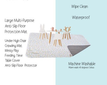 BABY SPLASH MAT, Anti Slip Messy Mat, Wipeable Floor Protector
