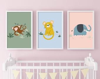 Safari Nursery Prints, Jungle Nursery, Nursery Wall Art, Jungle Prints, Childrens Prints, Jungle Animal Decor, Zebra, Elephant, Monkey