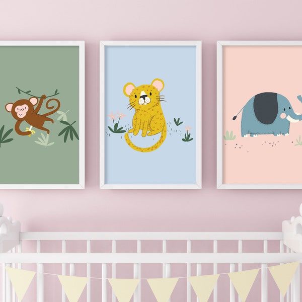 Safari Nursery Prints, Jungle Nursery, Nursery Wall Art, Jungle Prints, Childrens Prints, Jungle Animal Decor, Zebra, Elephant, Monkey