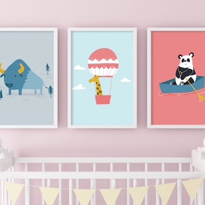 ADVENTURE ANIMAL NURSERY print, Nursery Decor, Childrens Wall Art Adventure Prints, Bedroom Nursery Wall Poster, Giraffe Hot Air Balloon
