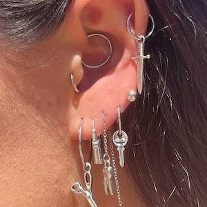 Set 3, Jewelry Sets, Earring Bundles, Lobes, Cartilage, Sterling Silver Charms, Scissor Earrings, Teeth Hoops, Key Hoops, Dagger Hoops