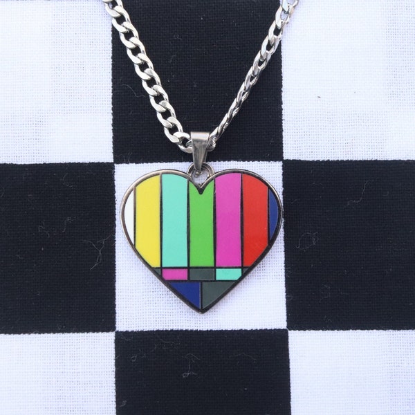 No Signal Tv Off Television Heart Necklace Colorful Stainless Steel Rainbow Handmade Unique Cute Simple Heart Chain Pink Dark Blue Fuchsia