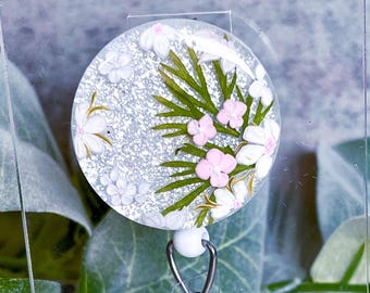 Cute Floral & Glitter Retractable Badge Reel, Handmade Resin Work ID Holder. Custom Appreciation Gift For Nurse, Teacher, Graduation