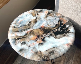24" Round Epoxy Resin Coffee Table Top: Hand-Painted Marble Accent