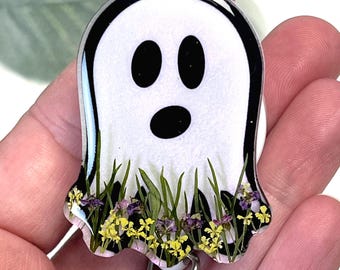 Ghost Badge Reel, Halloween Resin And Glitter Name ID Holder, Purple And Yellow Flowers