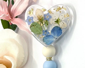 Pressed Flower Retractable Badge Reel, Cute Custom Floral ID Holder, Beaded Resin Matching Badge Buddy, Boho Appreciation Gift