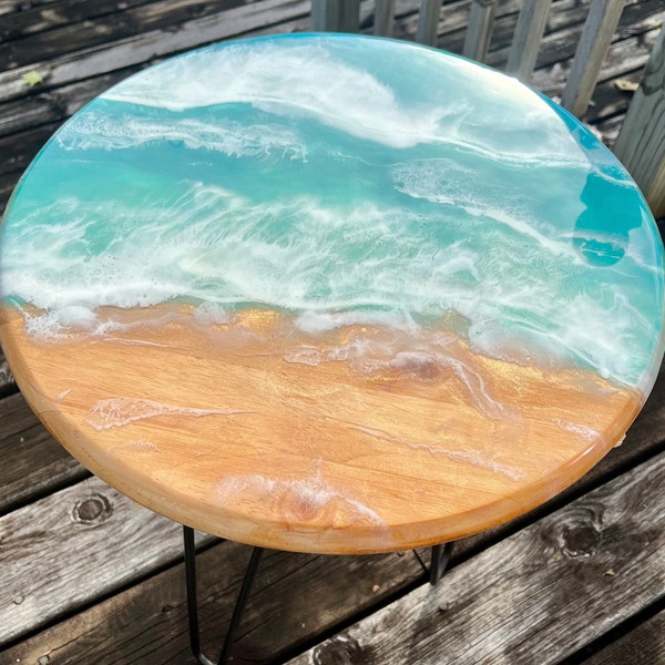 15" Epoxy Resin Coffee Table. Handmade Round Wood Furniture, Ocean Acrylic Wall Art Painting, Sunroom Side Table, Beach Waves Accent Decor