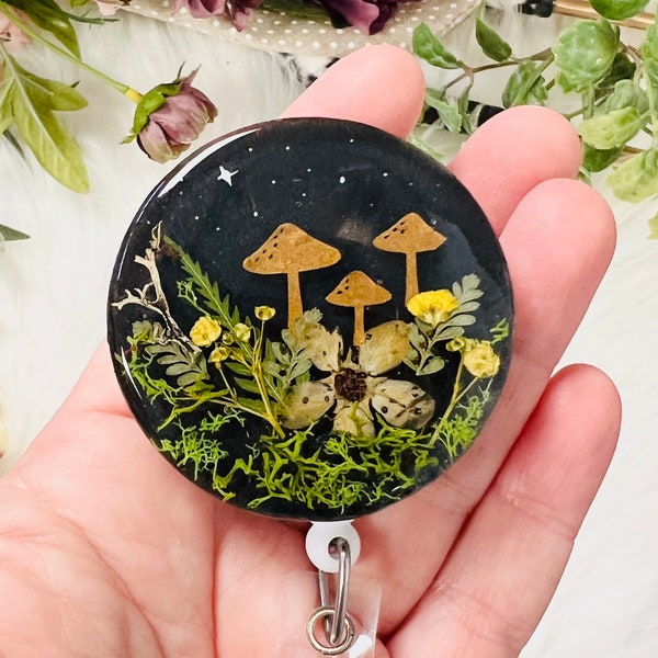 Cute Cottage Core Badge Reel, Pressed Flower Name ID Holder, Large 2” Retractable Resin Mushroom Medical Accessory, Custom Fairy Nurse Gift