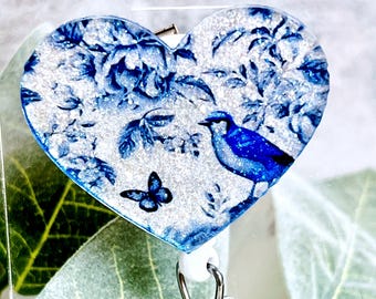 Chinoiserie Badge Reel, Floral Bird Resin Retractable ID Holder