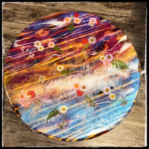 Real Pressed Flower Burned Wood Round Epoxy Resin Coffee Table,  Acrylic Wall Art, Handmade Furniture, Sunroom or Patio, Resin End Table