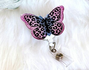 Cute NICU Nurse Badge Reel, Butterfly Resin Labor and Delivery Retractable ID Name Badge Holder, OBGYN Gift, Fun Pink & Blue Cheetah Print