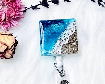 Ocean Badge Reel, Beach Themed Retractable Badge Buddy, Summer ID Holder, Handmade Resin Gift Idea For Nurse or Teacher, Fun Tropical Waves
