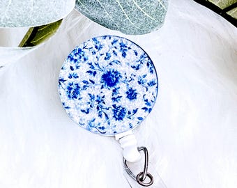 Chinoiserie Badge Reel, Blue Floral Retractable ID Holder