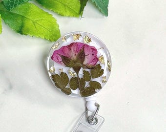 Pressed Flower Badge Reel, Rose Gold Flakes Retractable ID Holder, Nurse Teacher Gift
