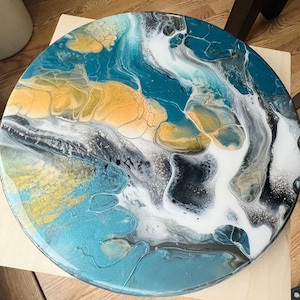 Handmade Epoxy Resin End Table: 12" Round Accent Table with Hairpin Legs