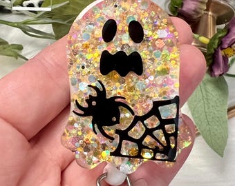 Cute Ghost Halloween Badge Reel, Nurse Resin Glitter RN Name ID Badge Holder, Fall Personalized Gift, Fun Medical Accessory, Holiday Lanyard