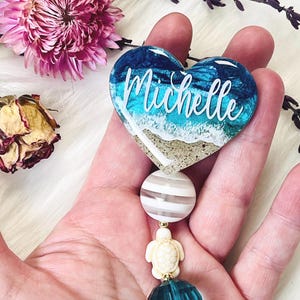 Ocean Themed Beaded Retractable Badge Reel, Personalized Beach Lover Name ID Holder Gift For Nurse