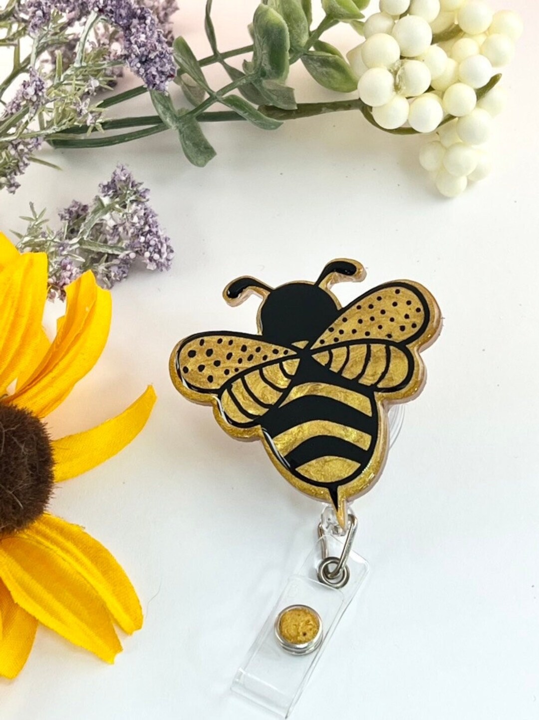 Cute Bee Retractable Nurse Badge Reel, Handmade Resin ID Name