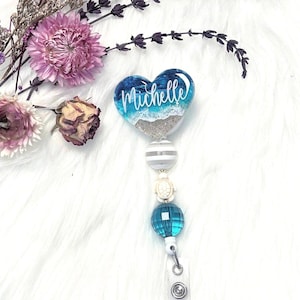 Ocean Heart Nurse Badge Reel, Beach Retractable Beaded Badge Buddy, Cute Sea ID Holder, Nautical Handmade Medical Accessories, Lake Gift