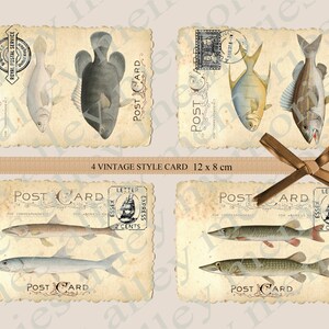自然主義をテーマにしたポストカードのセット。ヴィンテージの魚の画像。ジャンクジャーナルの装飾。スクラップブッキングの画像。メモラビリア風カード