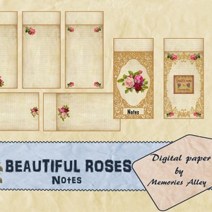 Vintage roses,Ephemera style, Digital scrapbooking, junk journal, Vintage printable, BEAUTIFUL ROSES- NOTES- Digital vintage notepad kit