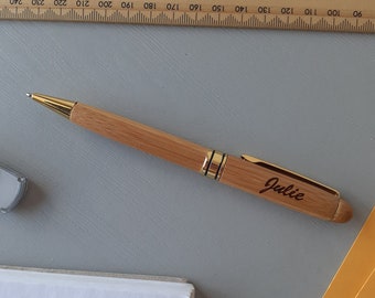 Personalised Pen Bamboo Black Wooden Engraved Custom Writing Office Stationary Gift Birthday Present