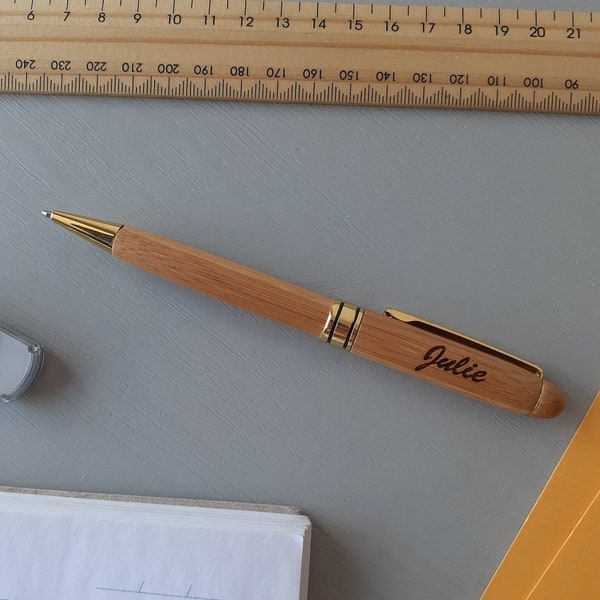 Personalised Pen Bamboo Black Wooden Engraved Custom Writing Office Stationary Gift Birthday Present