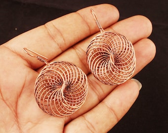 Pure Copper Spiral Drop Earrings for Women Handmade Wire Circle Dangle Earrings Lightweight Boho Statement Jewelry