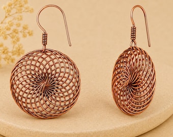 Pure Copper Spiral Drop Earrings for Women Handmade Wire Circle Dangle Earrings Lightweight Boho Statement Jewelry( Small Size )