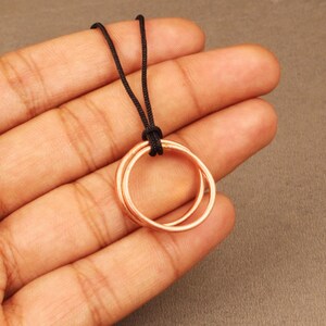 Copper double Ring Pendant Necklace with Black Thread Cord, Pure Copper Jewelry, Adjustable Unisex Necklace, Minimalist Healing Jewelry Gift