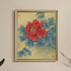 Enthusiastic red peony Meticulous brush painting, fine art print, Huaichen, Chinese Gongbi peony, Passionate floral painting print 状元红 36x45