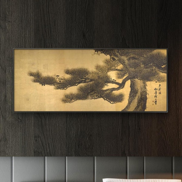 Japanese brush painting, pine tree brush art, fine art print, Long horizontal East Asian wall art, antique taste tan background pine art