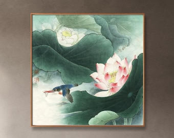 Kingfisher and lotus flower meticulous painting, large Square Gongbi lotus art HD Print, large square Chinese watercolor floral painting