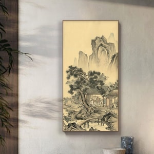 Dwelling in Mountains and rivers, Vintage style Shan shui painting, fine art print, Chinese landscape painting, handcrafted hanging scroll