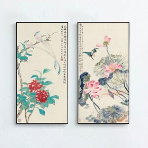 Red Camellia blossoms and Paradise flycatcher birds, pink lotus and kingfisher, set of 2, vertical watercolor botanic art prints, unframed