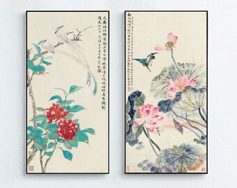 Red Camellia blossoms and Paradise flycatcher birds, pink lotus and kingfisher, set of 2, vertical watercolor botanic art prints, unframed