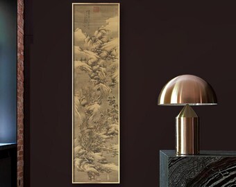 High mountains and bridges, Chinese antique landscape painting replica, silk print, handcrafted silk hanging scroll, narrow tall wall art
