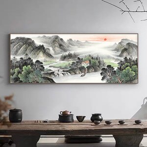 Sunrise Spring Mountains, vast and infinity landscape painting, Classic Chinese mountains and waters painting, limited edition art print