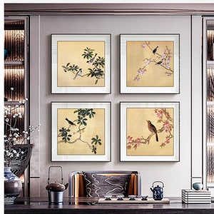 Antique Bird and Flower 4 Set Art Prints Chinese Botanical - Etsy