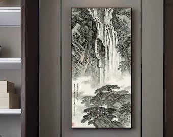 Black and white art, giclee print, ink wash painting, mountains and waterfalls, Chinese landscape painting, Shuimo Shan shui art, unframed