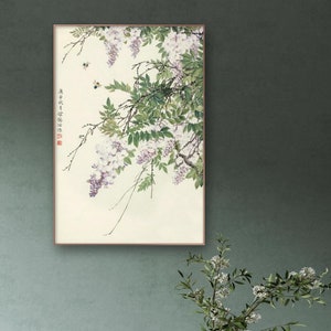 Wisteria blossoms and bees, Chinese vintage brush painting print, silk hanging scroll, Unframed art print, botanic wall art, Chinese gift