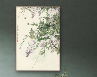 Wisteria blossoms and bees, Chinese vintage brush painting print, silk hanging scroll, Unframed art print, botanic wall art, Chinese gift