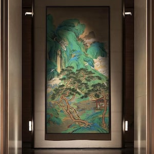 Impression de paysage de grues de pin chinoises – Montagnes bleu-vert de style Gongbi | Décoration murale élégante sur toile de coton pour le salon ou le bureau