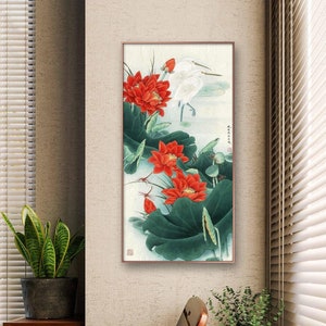 Red lotus and Little egrets, Chinese bird-and-flower brush painting, HD silk print, Chinese fine art print, large vertical watercolor art