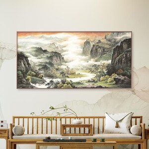 Misty Clouds over Stream and Mountains, peaceful  natural scenery, traditional Chinese landscape painting, Large horizontal archival print
